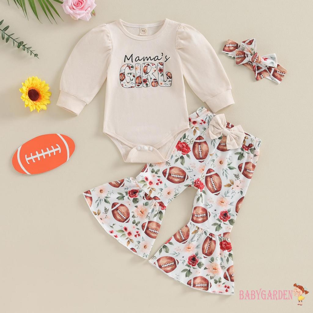 Baga-3pc 衣服套裝嬰兒女孩字母印花長泡泡袖連身衣+足球圖案喇叭褲+蝴蝶結頭帶