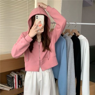 M-2XL 雙拉鍊連帽外套 外套拉鏈 衛衣女裝春秋薄款新款小個子高腰短款外套長袖韓繫上衣