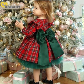 【聖誕節係列】女童連衣裙格子連身裙洋裝蓬蓬裙聖誕節公主風外穿長袖網紗高檔大蝴蝶結潮流裙