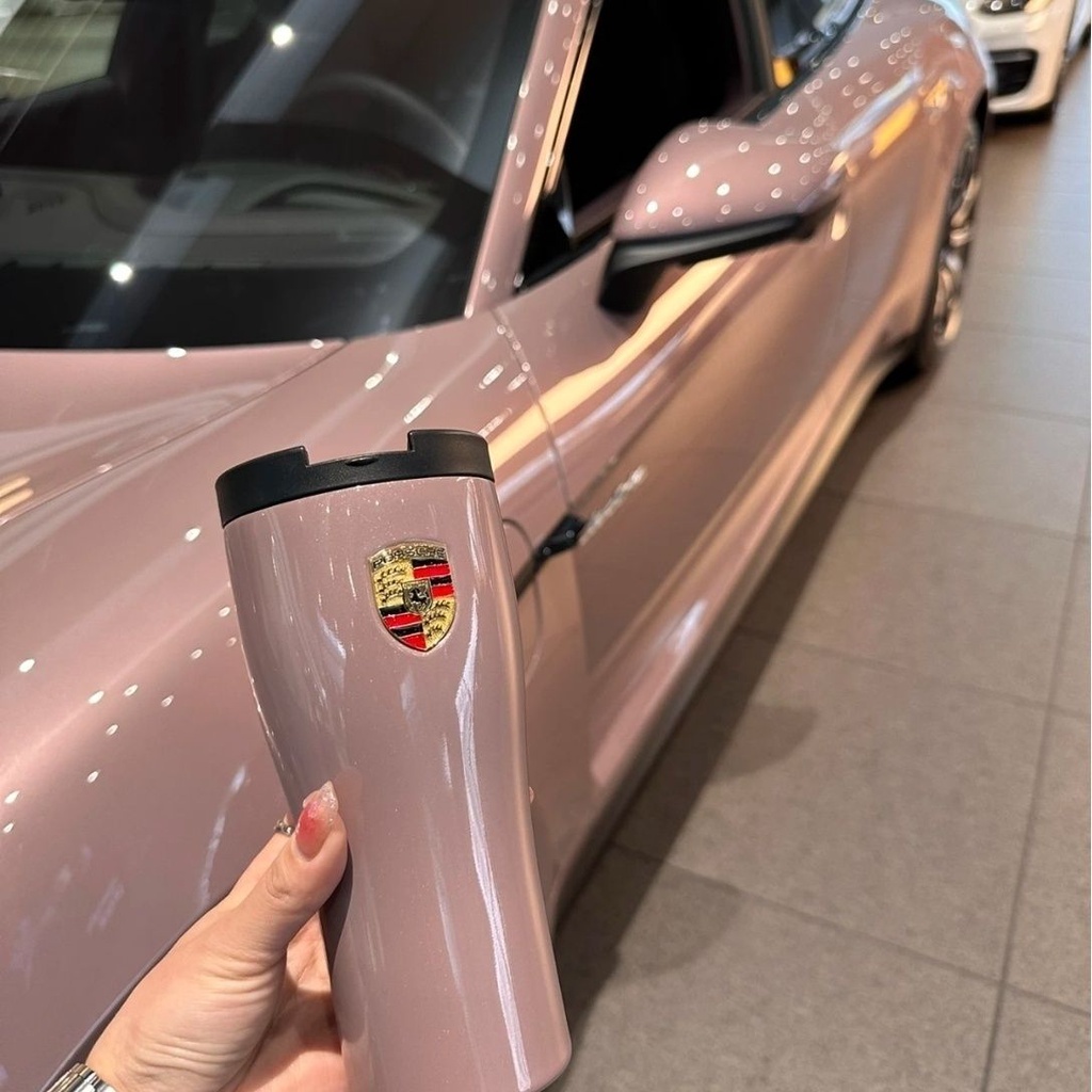 Porsche冰梅粉保溫杯 車用運動水壺 車標雙層不鏽鋼水杯 便攜保溫壺咖啡杯 4S禮品
