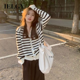 IELGY 條紋針織開衫女寬鬆顯瘦V領長袖上衣