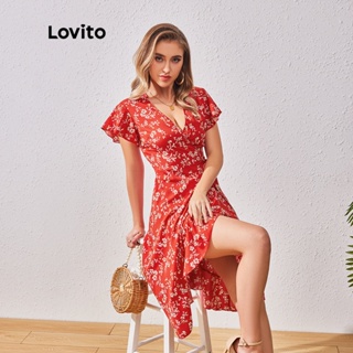 Lovito 波西米亞格女款花卉裹身洋裝 LBL07077