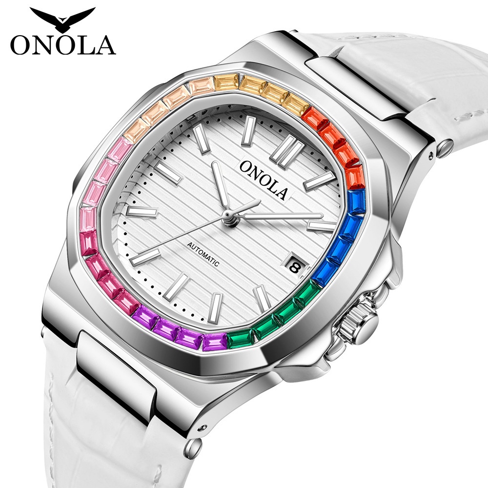 ONOLA 3853 爆款 高品質 彩虹鑽 手錶 牛皮帶 防水 機械錶