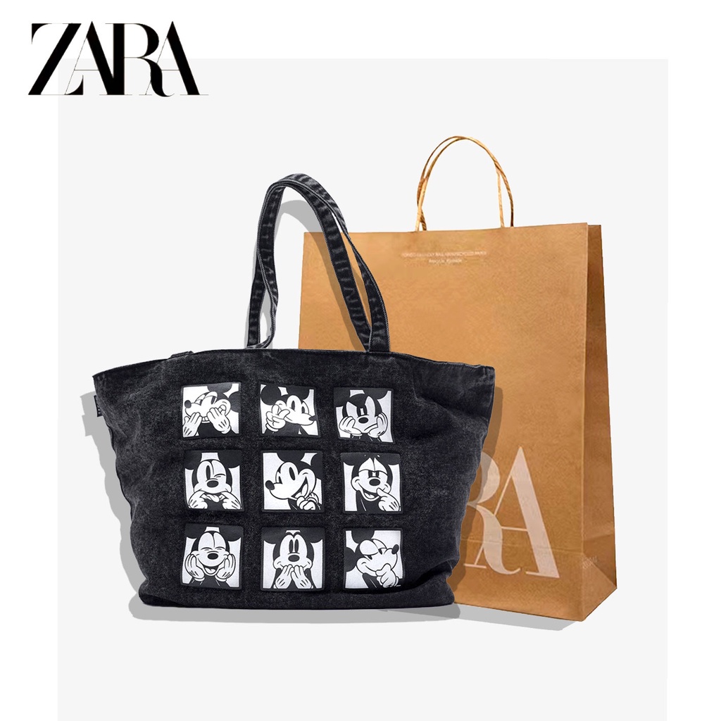 Zara 女士時尚購物袋新款黑色時尚牛仔大容量單肩帆布米奇包