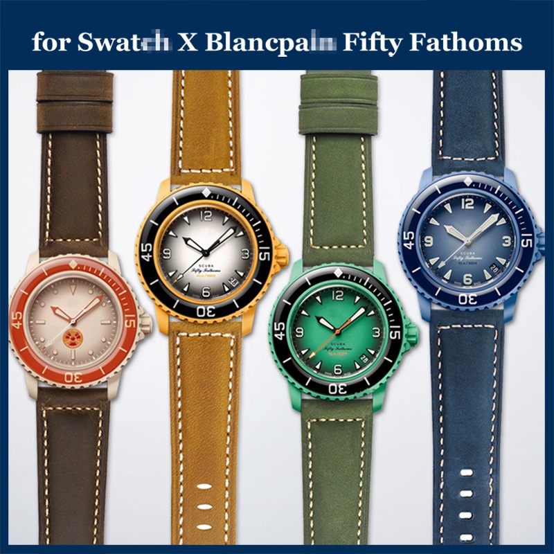 真皮錶帶適用於 Swatch X Blancpain 五十 錶帶復古軟帶手鍊女士男士牛皮腕帶