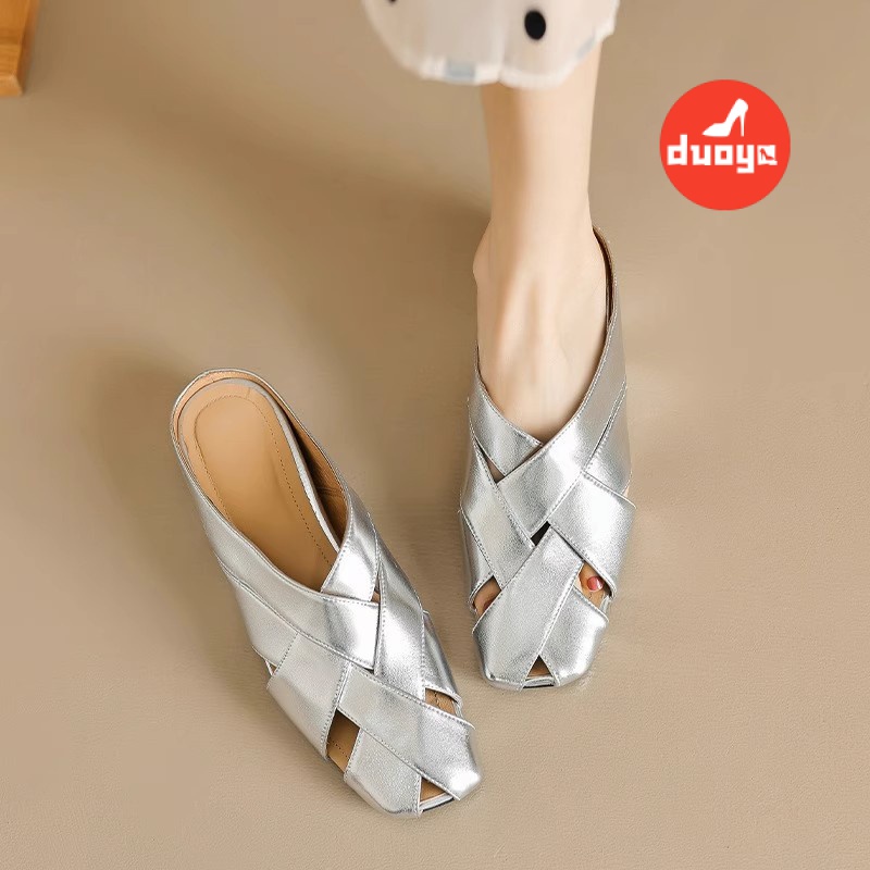 Duoya 工廠直髮~[Ready stock]涼拖鞋編織內增高銀色穆勒鞋女夏坡跟金色包頭氣質半拖鞋免運