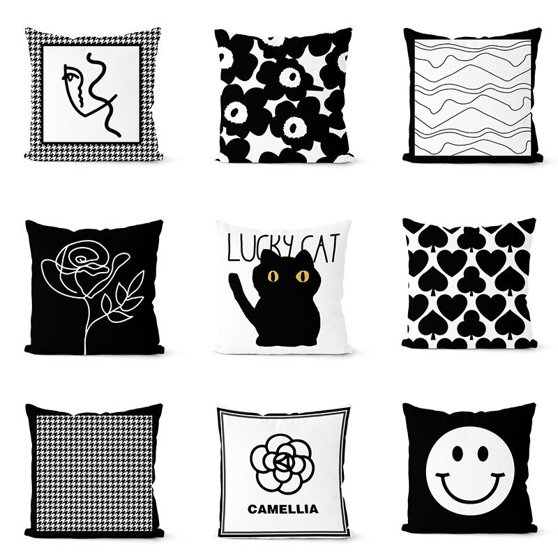 黑白簡約幾何印花抱枕套貓咪笑臉沙發靠枕套