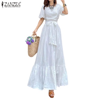 Zanzea 女士復古時尚日常方領泡泡袖腰帶連衣裙