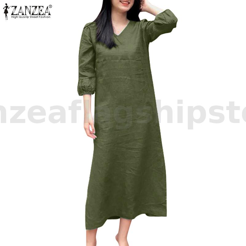 Zanzea 女式韓版簡約時尚 3/4 燈籠袖 V 領連衣裙