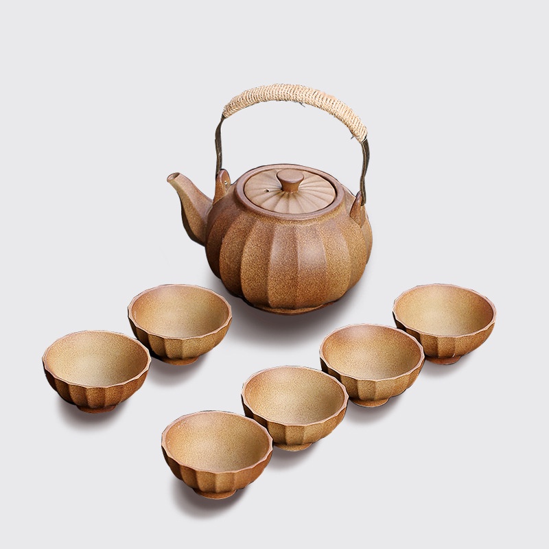 日式手工柴燒茶杯復古陶瓷粗陶功夫茶具圍爐喝茶南瓜提樑壺品茗杯