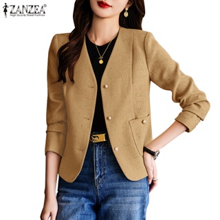 Zanzea 女士韓版日常休閒長袖 V 領口袋純色西裝外套
