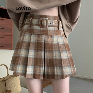 Lovito 女士休閒格紋束帶裙 LNE37329 (卡其色/紅色/黑色)