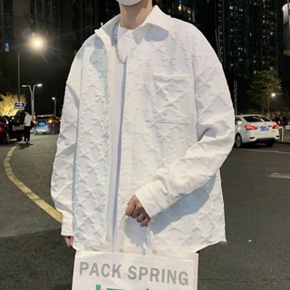 男士時尚休閒長袖襯衫日式流行大口袋大碼中性垂褶襯衫