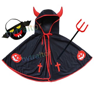 【臺灣熱賣】 萬聖節 兒童服裝 男女童 牛角披風 演出服飾 惡魔斗篷 親子成人 南瓜衣服 變裝