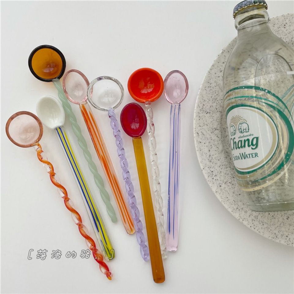 夏日糖果系列 彩色玻璃螺旋勺子咖啡勺牛奶攪拌棒創意甜品勺