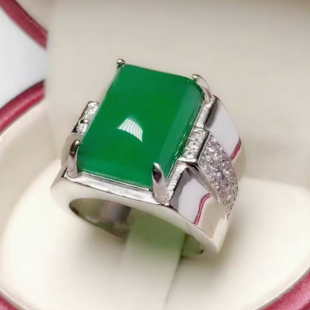 ❤ 霸氣天然綠玉髓男款方形銀戒指男可調復古大拇指飾品