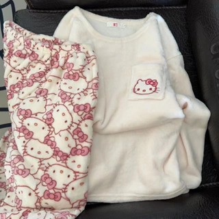 [現貨]KT貓珊瑚絨睡衣冬天 日系可愛貓咪睡衣女 冬季刷毛加厚法蘭絨 卡通家居服 睡衣套裝
