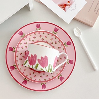 NEYMAR⭐現貨⭐粉色鬱金香陶瓷咖啡杯碟套裝ins韓國法式下午茶高級感杯子 奶油風套裝餐具