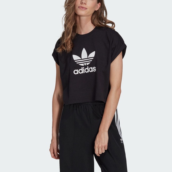 Adidas Short Tee IB1406 女 短袖 短版 上衣 T恤 亞洲版 休閒 三葉草 寬鬆 棉質 黑