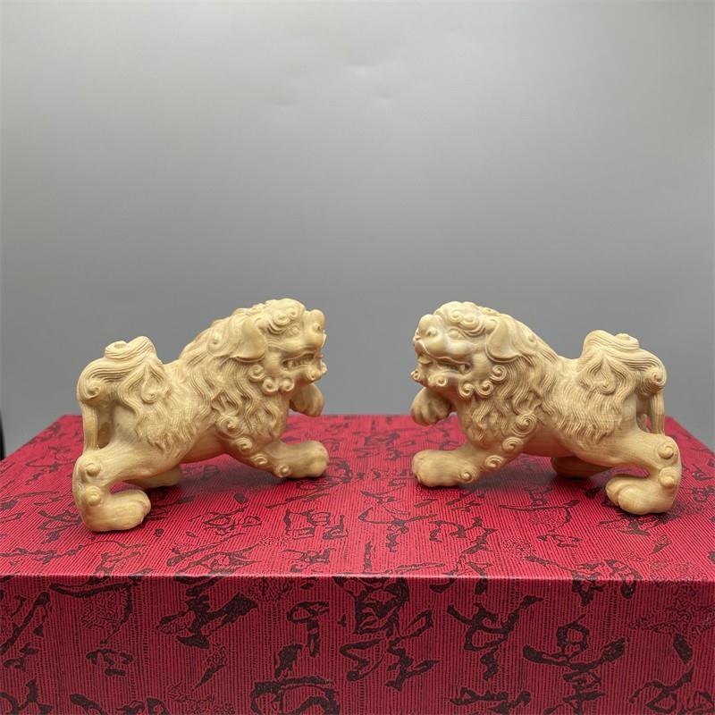 木雕獅子   小葉黃楊木雕獅子小擺件一對北京獅實木雕刻宮門獅家居客廳裝飾品