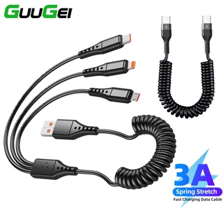 Guugei 3 合 1 USB 彈簧充電線 3A Type C Micro USB 彈簧充電線快速充電汽車彈簧線