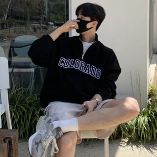 半拉鍊大學T男美式潮牌春秋復古情侶上衣ins寬鬆字母刺繡百搭外套