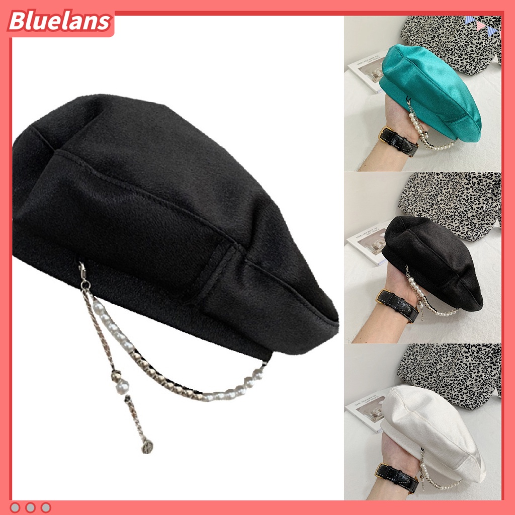 [BLS] 女士貝雷帽純色人造珍珠女士戶外無簷圓頂帽