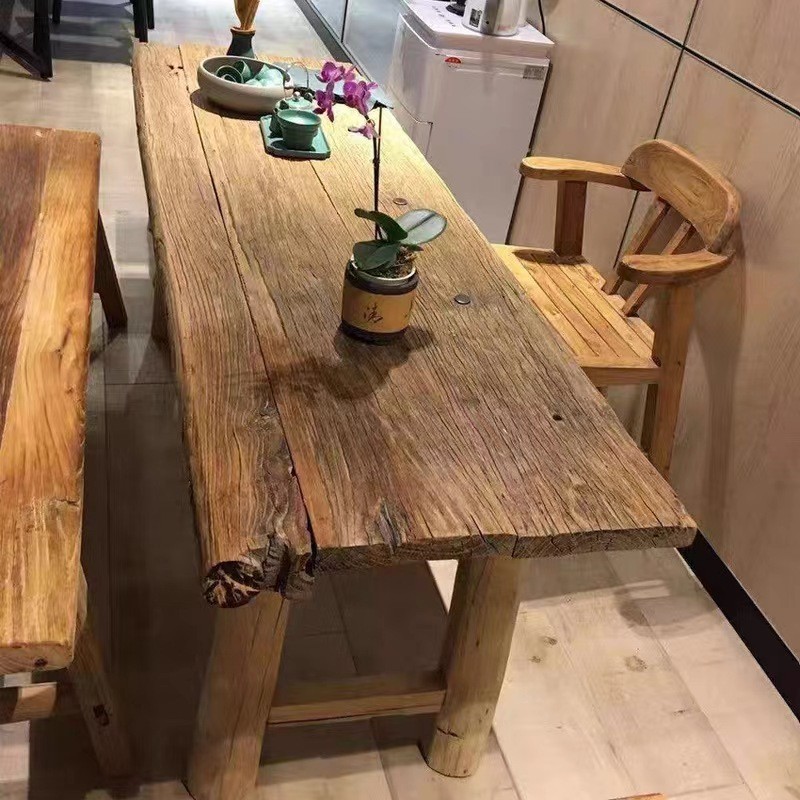 【廠家直銷✨免運】新中式原木吧台 風化木板餐桌 舊木桌 老榆木門板功夫禪意泡茶桌