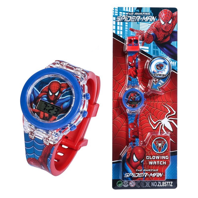 MARVEL 漫威蜘蛛俠兒童手錶男孩卡通復仇者聯盟超級英雄兒童手錶帶閃光燈學生女孩時鐘