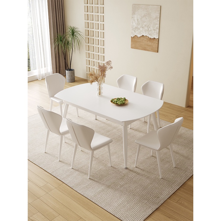 【免運】 奶油風岩板餐桌椅組合方圓兩用可伸縮現代簡約圓桌家用小戶型飯桌  餐桌