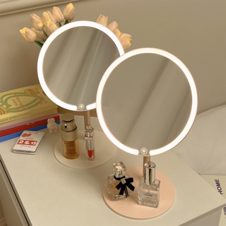 led化妝鏡帶燈風圓形臺式桌面宿舍發光補光燈鏡子便攜梳妝鏡