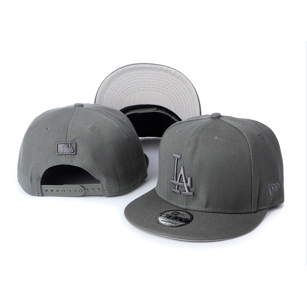 Mlb Dodgers LA 黑色平檐帽灰底寬可調男女嘻哈棒球帽