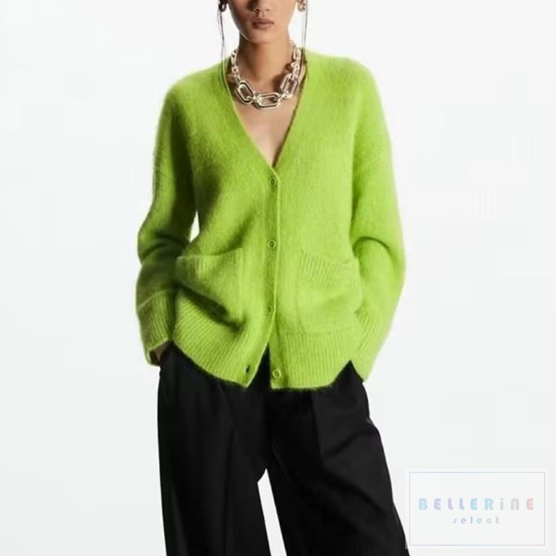 [ BELLERiNE select ] 嚴選 INS風大V領螢光色針織長外套毛衣neon green cardigan