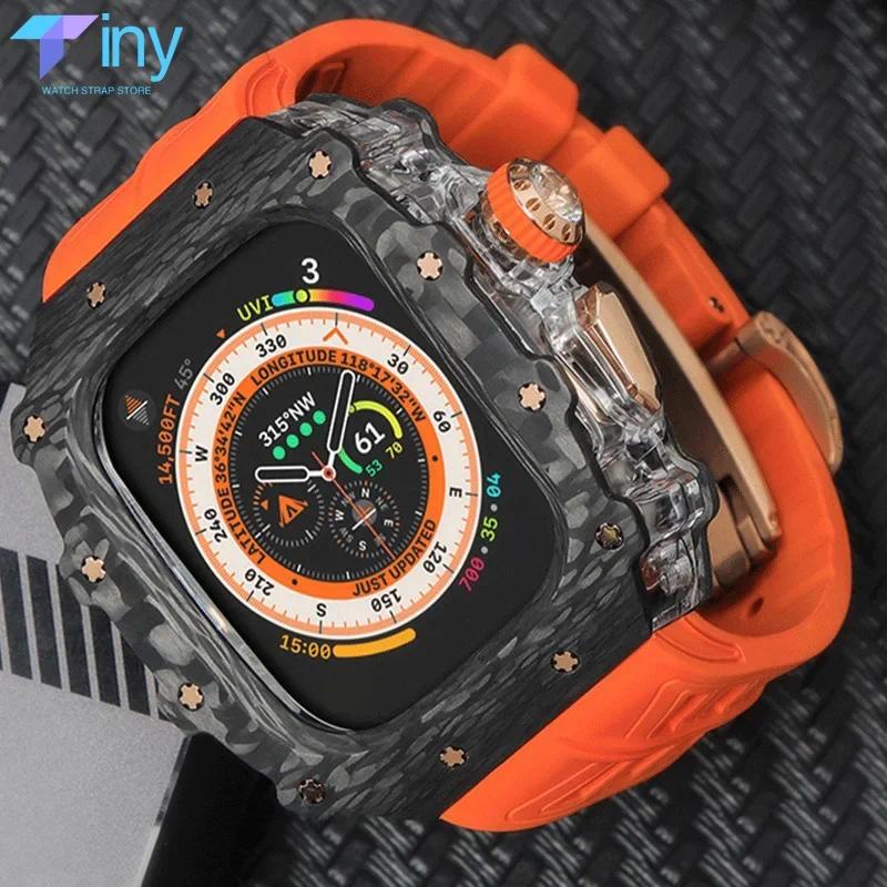 用於手錶 Ultra 2 錶帶的豪華碳纖維錶殼 49 毫米碳纖維表圈橡膠錶帶改裝套件 Iwatch 系列 Ultra 4