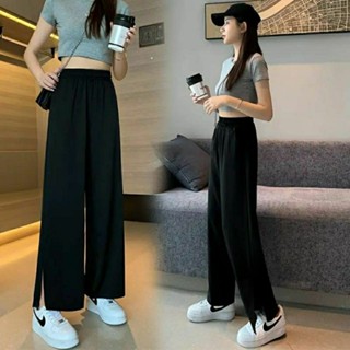 M-5XL 大尺碼休閒褲 闊腿褲 開叉九分褲 韓版寬鬆顯瘦褲 大碼女裝 高腰顯瘦直筒褲 百搭休閑長褲 黑色長款