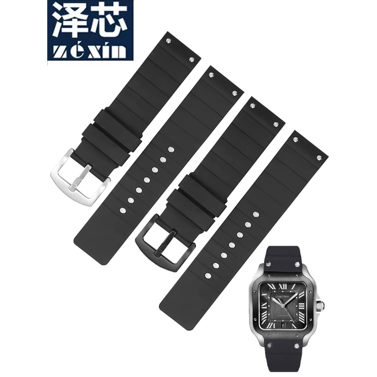 適配卡地亞桑托斯山度士Santos 100黑色防水橡膠矽膠手錶帶23mm
