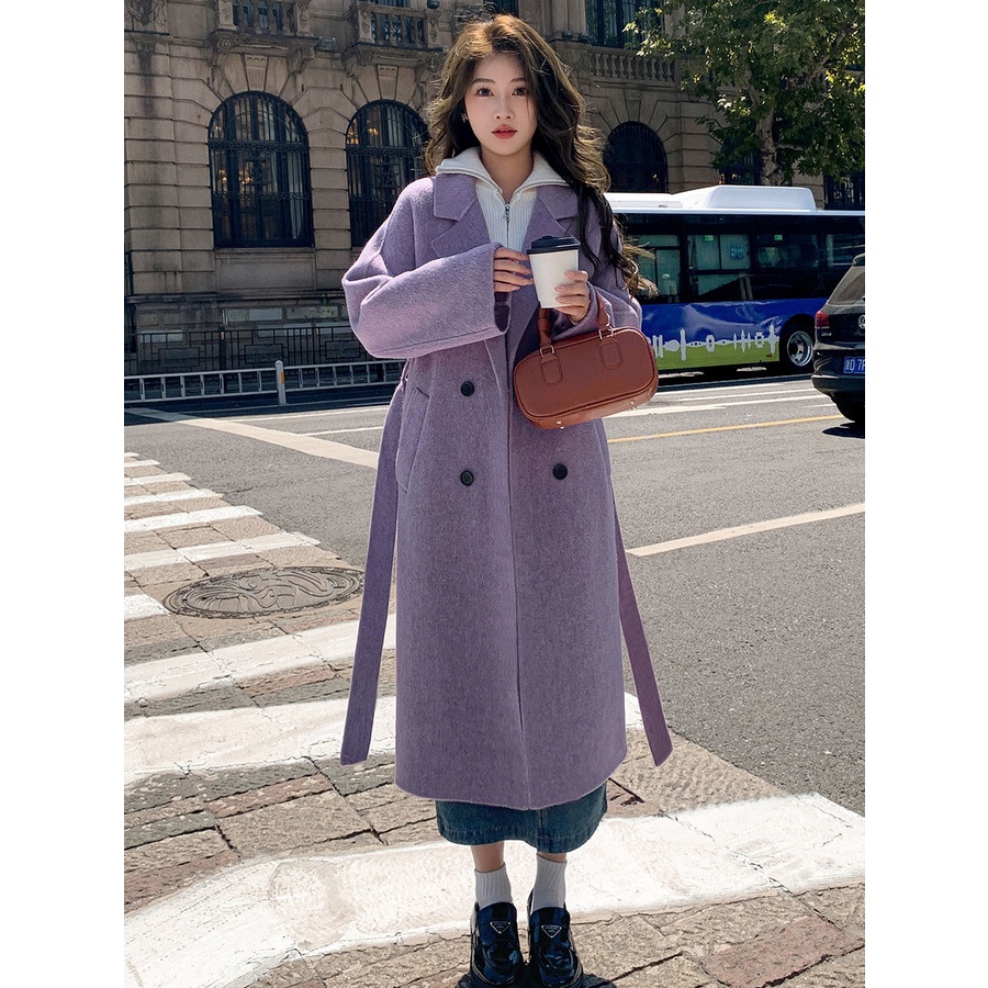 紫色雙面羊絨大衣女2023年秋冬新款韓版寬鬆中長款赫本羊毛呢外套