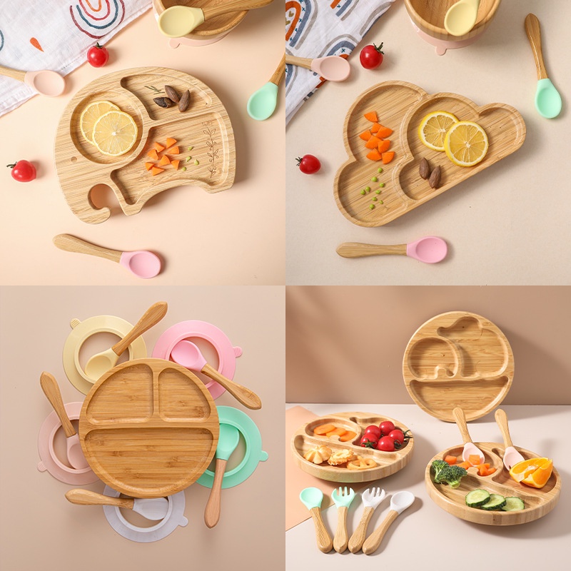 🌈蒙氏寶寶分格一體式竹木餐盤兒童吸盤餐具嬰兒專用吃飯動物防摔輔食碗