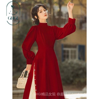 【GHGl】法式秋裝旗袍裙紅色復古浪漫洋裝蕾絲長裙高級感國風禮服裙子女