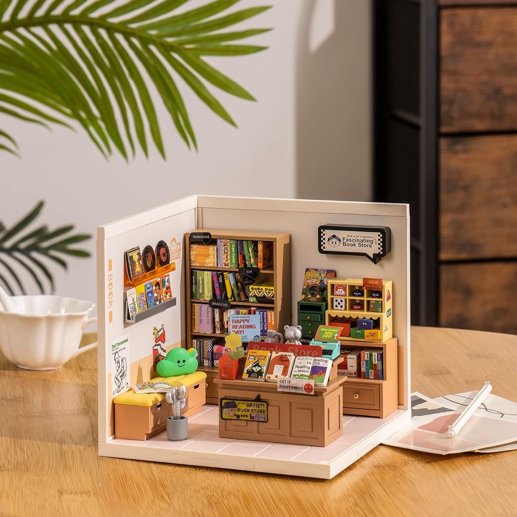 若態Robotime知識上頭書店 DIY 微型房屋套件 現實商店微縮套件帶 LED 燈 - 帶家具的微型模型迷你房屋禮物