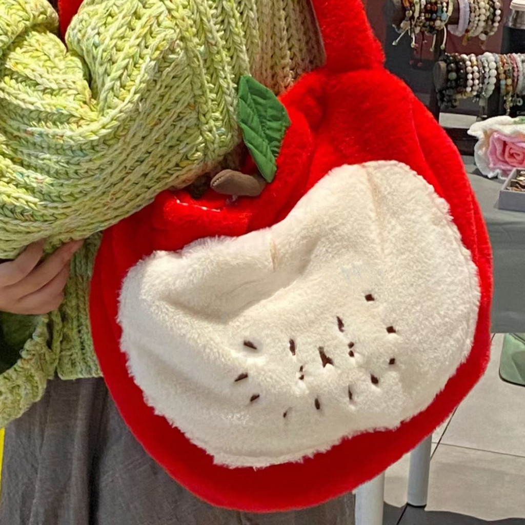 2024新款可愛趣味創意蘋果毛絨手提斜背包包包紅紅火火耶誕節女生新年禮物