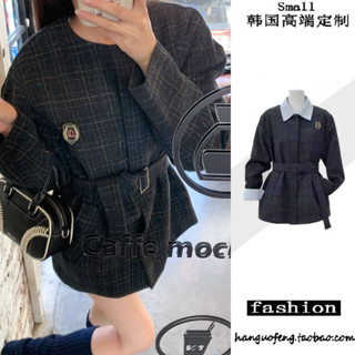 2024冬季新款復古格子毛呢外套女腰帶短版加厚毛呢大衣氣質學院風NHYPp