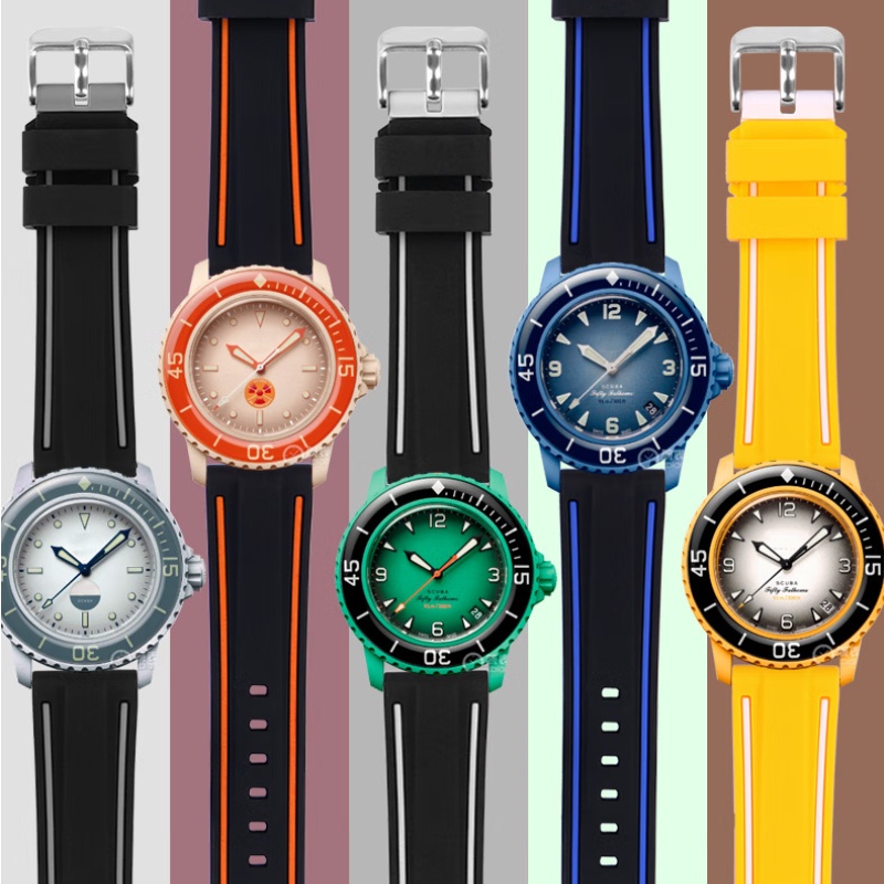 彩色矽膠錶帶適用於 Blancpain Swatch 生物陶瓷水肺五十 南極海洋印度海洋大西洋海洋太平洋北極海洋橡膠錶帶