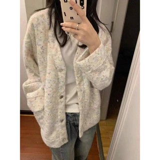 🌟Lovely愛出貨🌟可愛混色V領針織開衫毛衣女秋季新款軟糯彩點韓國慵懶風上衣外套韓版 港版 小香 東大門款