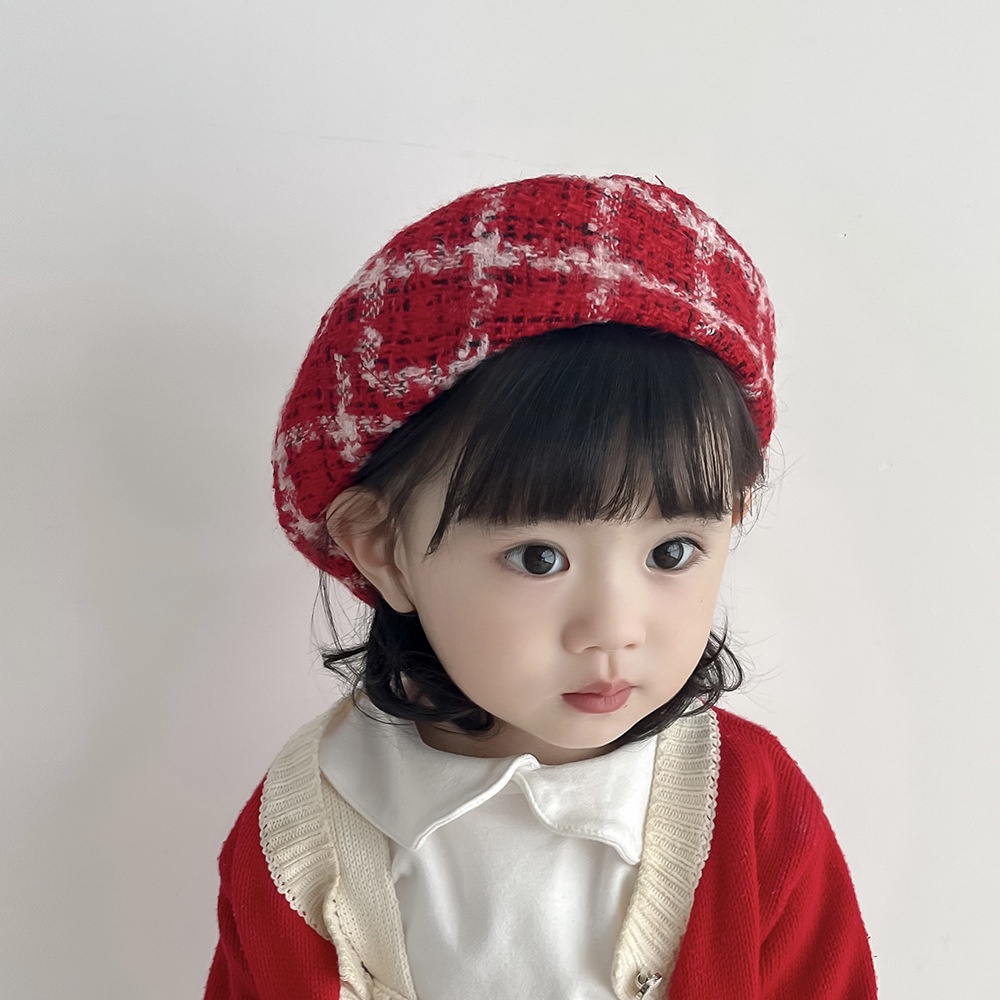 兒童帽子素色格子女童圓頂貝雷帽時尚寶寶公主帽冬季兒童配飾