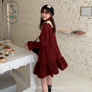 【GHGl】燈芯絨紅色裙子年新款女秋冬法式復古學院風日系洋裝小個子