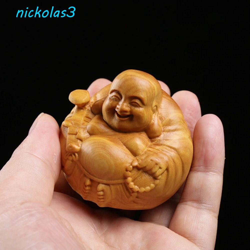 NICKOLAS笑佛彌勒佛雕塑,木雕微型佛像工藝,佛教用品迷你木製的手工雕像贈品