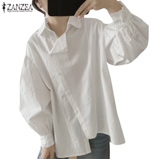 Zanzea 女式韓版時尚斜襟翻領純色長袖襯衫