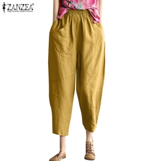 Zanzea 女式韓版休閒鬆緊腰帶口袋純色褲子