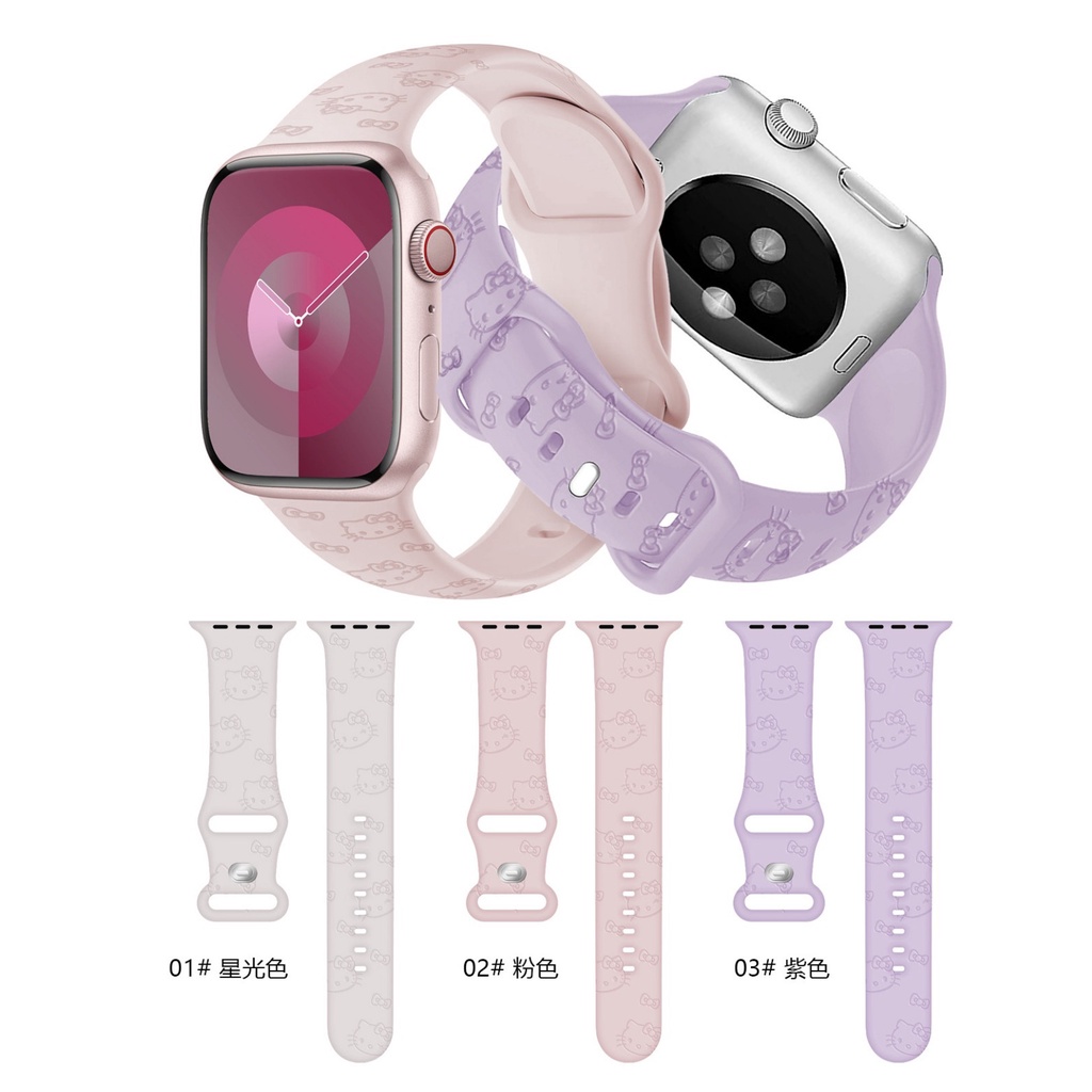 適用蘋果Apple Watch9手錶錶帶iWatch5678Ultra矽膠Kitty貓運動錶帶iWatch SE錶帶